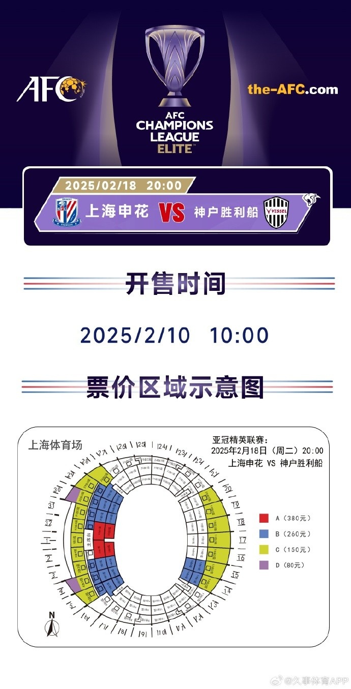  上海申花vs神戶勝利船票務方案：明日開售，票價區(qū)間80元-380元