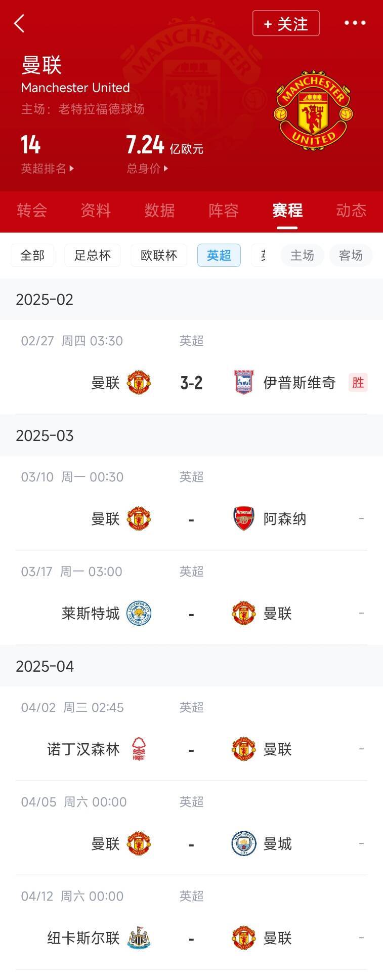  藍狐救一下？曼聯(lián)未來5輪將遭遇英超2/3/4/6名：槍手森林曼城紐卡