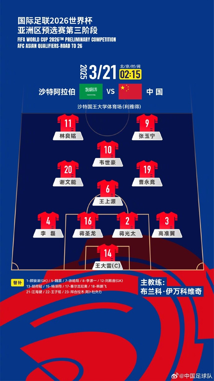  2026美加墨世界杯亞洲區(qū)18強賽沙特vs中國，中國隊首發(fā)陣容