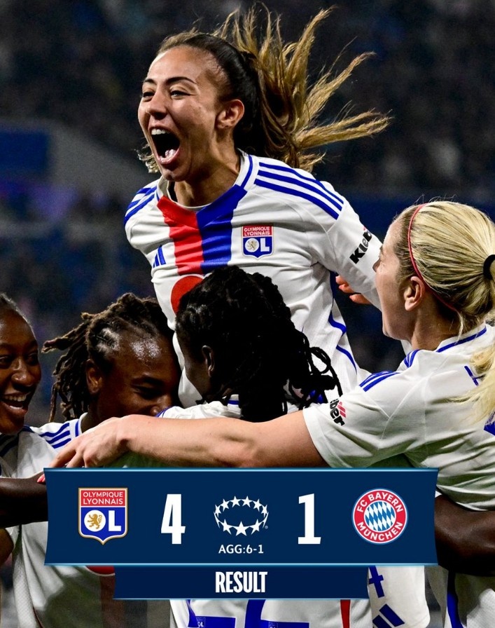  里昂女足4-1大勝拜仁女足，總比分6-1晉級女足歐冠半決賽